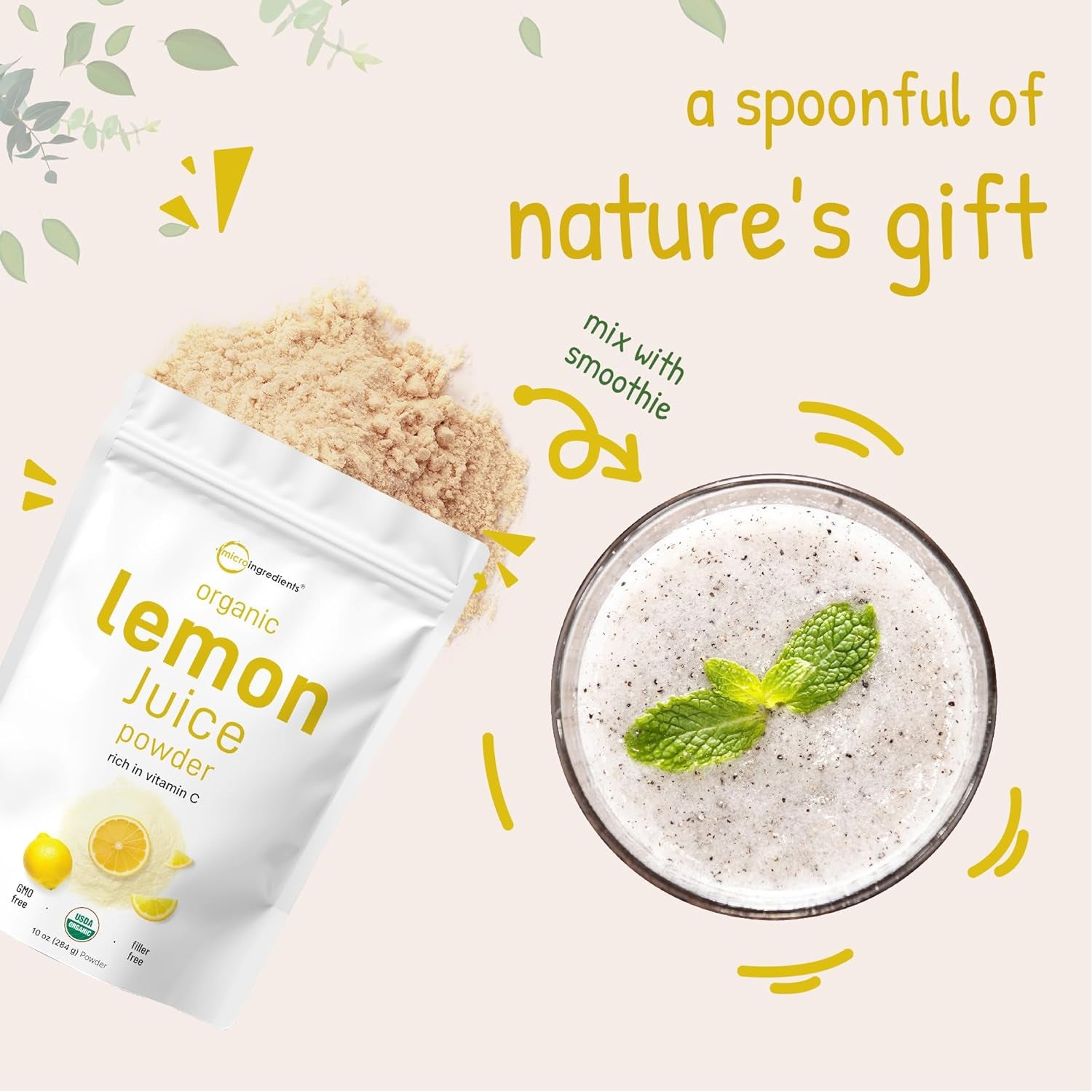 Organic Lemon Juice Powder, 10 Ounce | 100% Natural Fruit Powder | Cold Pressed Lemons Source | No Sugar & Additives | Great Flavor for Drinks, Smoothie, & Beverages | Non-Gmo & Vegan Friendly