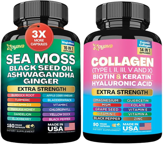 Sea Moss 16-In-1 Supplement (180 Caps) and Collagen 14-In-1 Supplement (90 Caps) Bundle