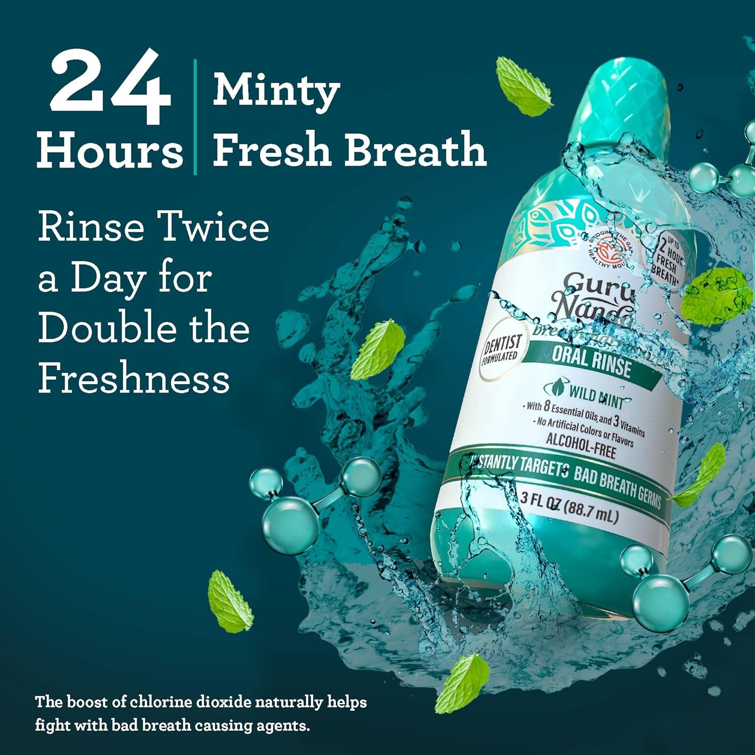 Oral Rinse - Dentist Formulated, Alcohol-Free Mouthwash for Dry Mouth & Bad Breath - Fresh Mint with 7 Essential Oils, Vitamins E,D & K2 for 24 Hours Healthy Smile & Oral Hygiene - 3 Oz