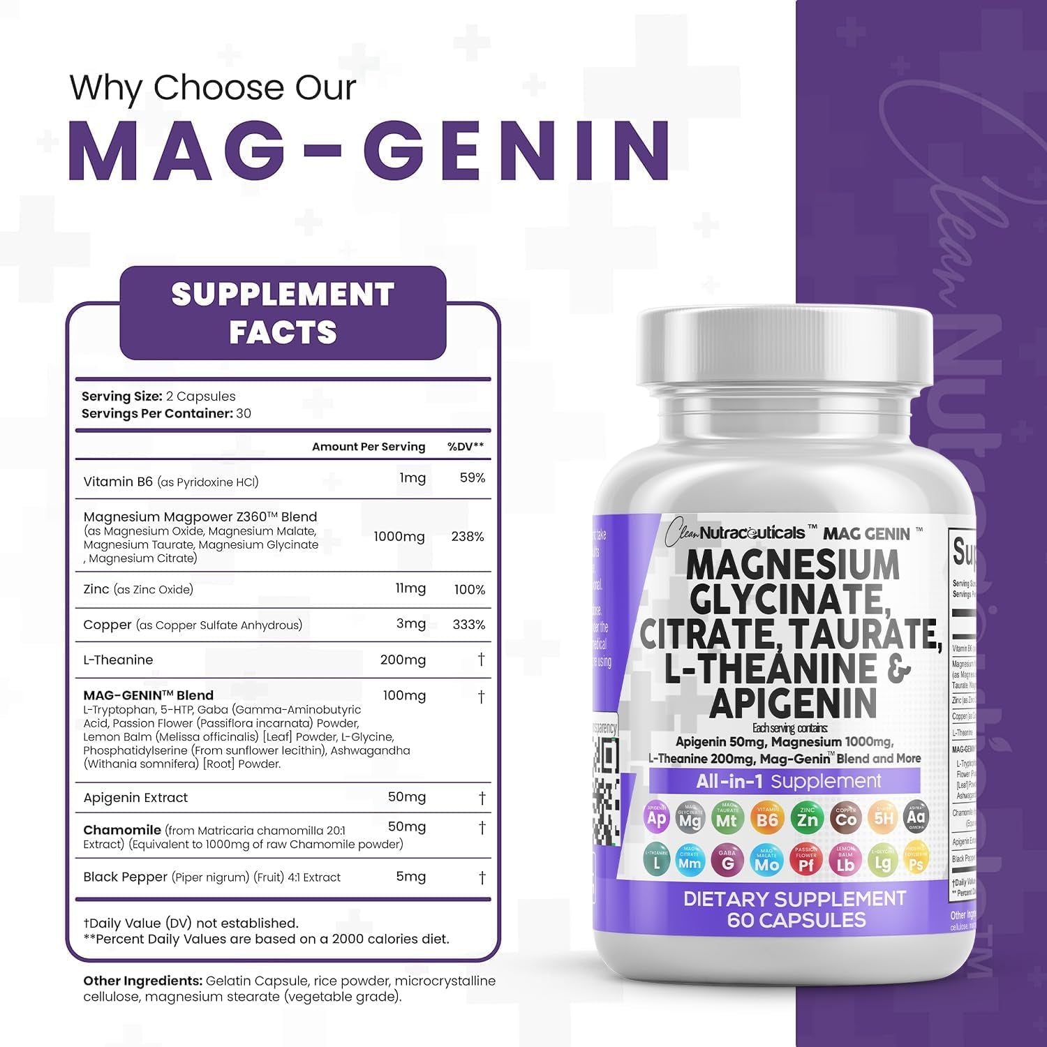 Magnesium Glycinate Complex 1000Mg with L-Theanine 200Mg Apigenin 50Mg Citrate Taurate Supplement - 5-HTP GABA Passion Flower Lemon Balm L-Glycine Phosphatidylserine Ashwagandha - 60 Count