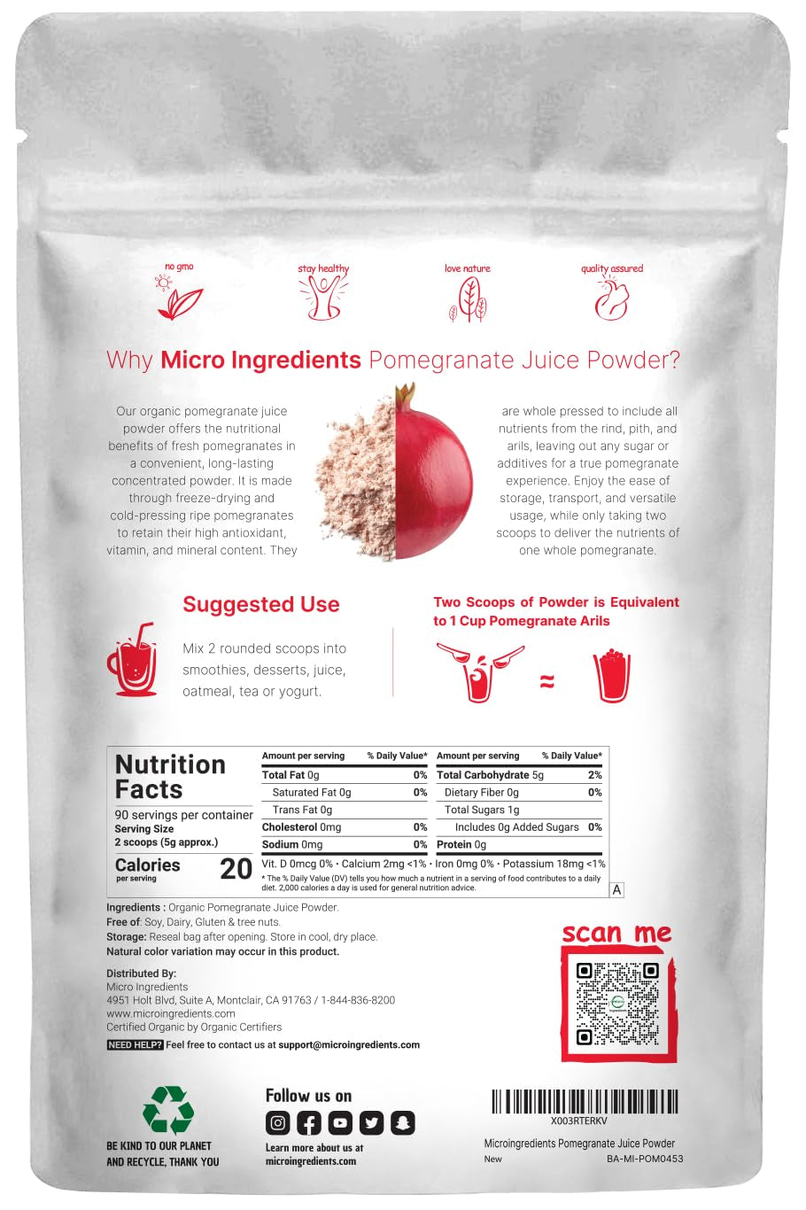 Organic Pomegranate Juice Powder, 1 Pound | 100% Natural Fruit Powder | Freeze Dried & Cold Pressed | No Sugar & Additives | Great Flavor for Drinks, Smoothie, & Beverages | Non-Gmo & Vegan Friendly