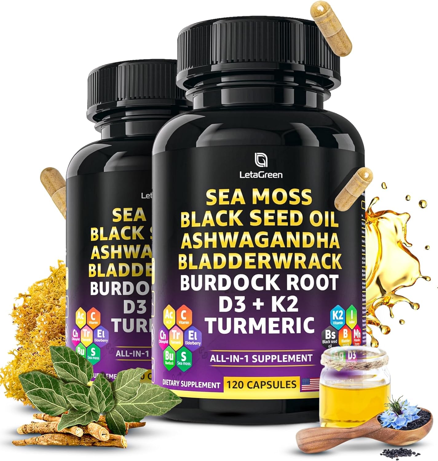 Sea Moss 3000Mg Black Seed Oil 2000Mg Ashwagandha 1000Mg Bladderwrack 1000Mg Burdock 1000Mg Turmeric 1000Mg & Vitamin C, D3, K2 with ACV Elderberry Manuka Dandelion Yellow Dock Iodine 120 Count