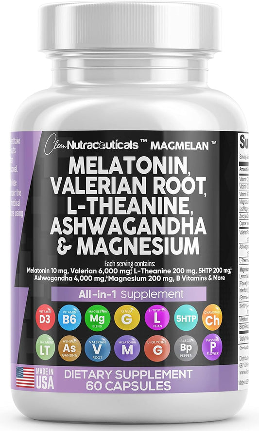 Melatonin 10Mg Valerian Root 6000Mg L Theanine 200Mg Ashwagandha 4000Mg - Sleep Support for Women & Men with Magnesium Complex, Lemon Balm, Chamomile, & Passion Flower - 60 Caps