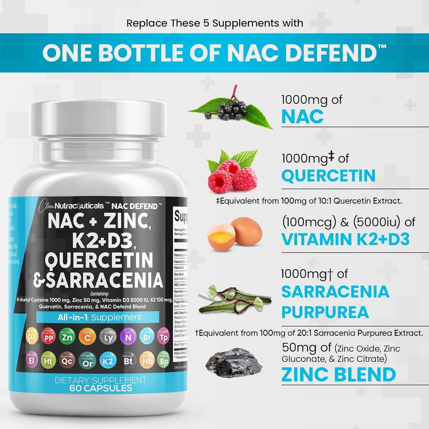 NAC Supplement N-Acetyl Cysteine 1000Mg Vitamin D3 K2 Zinc Quercetin 1000Mg Sarracenia Purpurea 1000Mg with Elderberry Holy Basil Bee Propolis Bromelain L-Lysine - 60 Count
