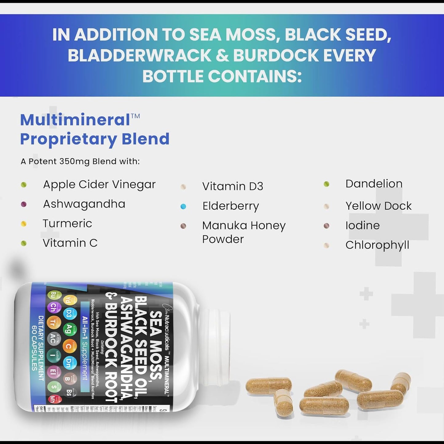 Sea Moss 3000Mg Black Seed Oil 2000Mg Ashwagandha 1000Mg Turmeric 1000Mg Bladderwrack 1000Mg Burdock & Vitamin C Vitamin D3 with Elderberry Manuka Dandelion Yellow Dock Iodine Chlorophyll ACV - 2Pack