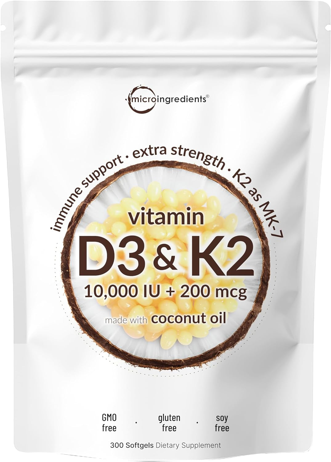 Vitamin D3 10000 Iu plus K2 (MK-7) 200 Mcg, 300 Virgin Coconut Oil Softgels| 2 in 1 Vitamins D & K Complex | Supports Calcium Absorption, Bone, Immune, & Heart Health – Easy to Swallow
