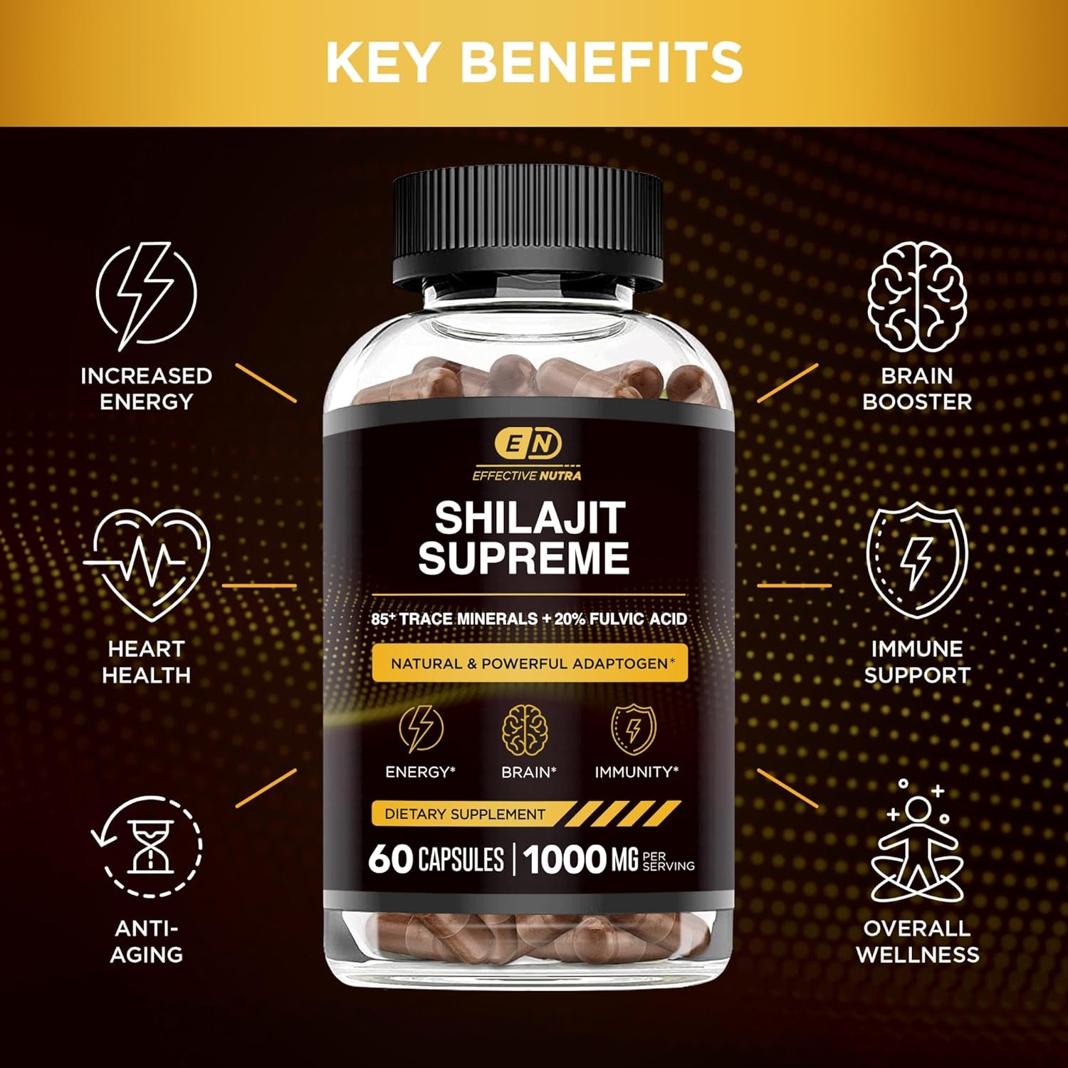 Shilajit Capsules Pure Himalayan 1000Mg - Premium Shilajit Supplement for Men & Women - High in Trace Minerals & Fulvic Acid - Energy, Brain Health, Immunity (60 Count)