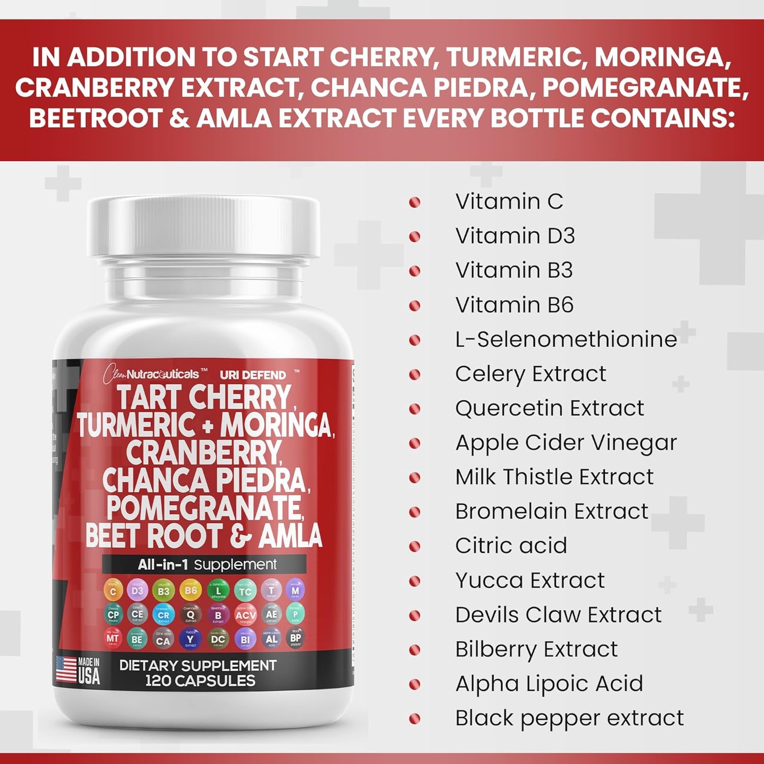 Tart Cherry Extract Capsules 20,000Mg with Turmeric 8000Mg Moringa 4000Mg Cranberry 2000Mg Chanca Piedra Celery Quercetin ACV Pomegranate L Selenomethionine - Uric Levels - 120 Ct