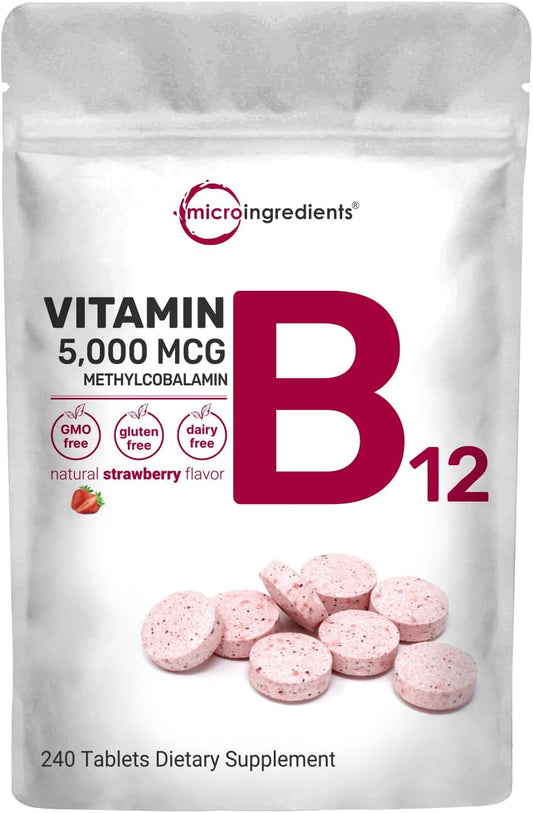 Vitamin B12 5000Mcg | Methyl B12 Active Form – 240 Chewable Tablets | Fast Dissolve, Natural Strawberry Flavor, Support Energy, Metabolism Health | Vegan, Non-Gmo, & No Glute