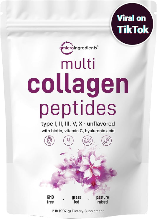 Multi Collagen Protein Powder, 2 Pounds – Type I,II,III,V,X with Biotin, Hyaluronic Acid, Vitamin C – Unflavored Collagen Peptides – Keto & Paleo Friendly, Easy Dissolve, Non-Gmo