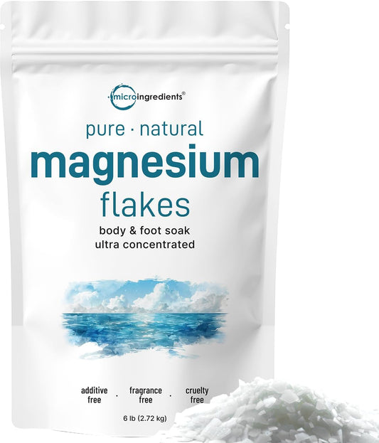 Pure Magnesium Flakes, 6Lbs | Great for Foot & Body Bath Soaks | Natural Magnesium Chloride Minerals | Better Absorption over Epsom Salt | Relaxation & Skin Hydration Support