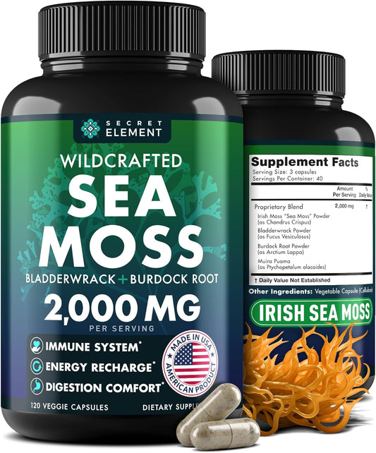Sea Moss Capsules - Irish Sea Moss Advanced with Burdock Root, Bladderwrack & Muira Puama for Immunity, Gut, & Energy - Superfood Sea Moss Supplements W/Raw Sea Moss Powder - 120 Irish Seamoss Pills
