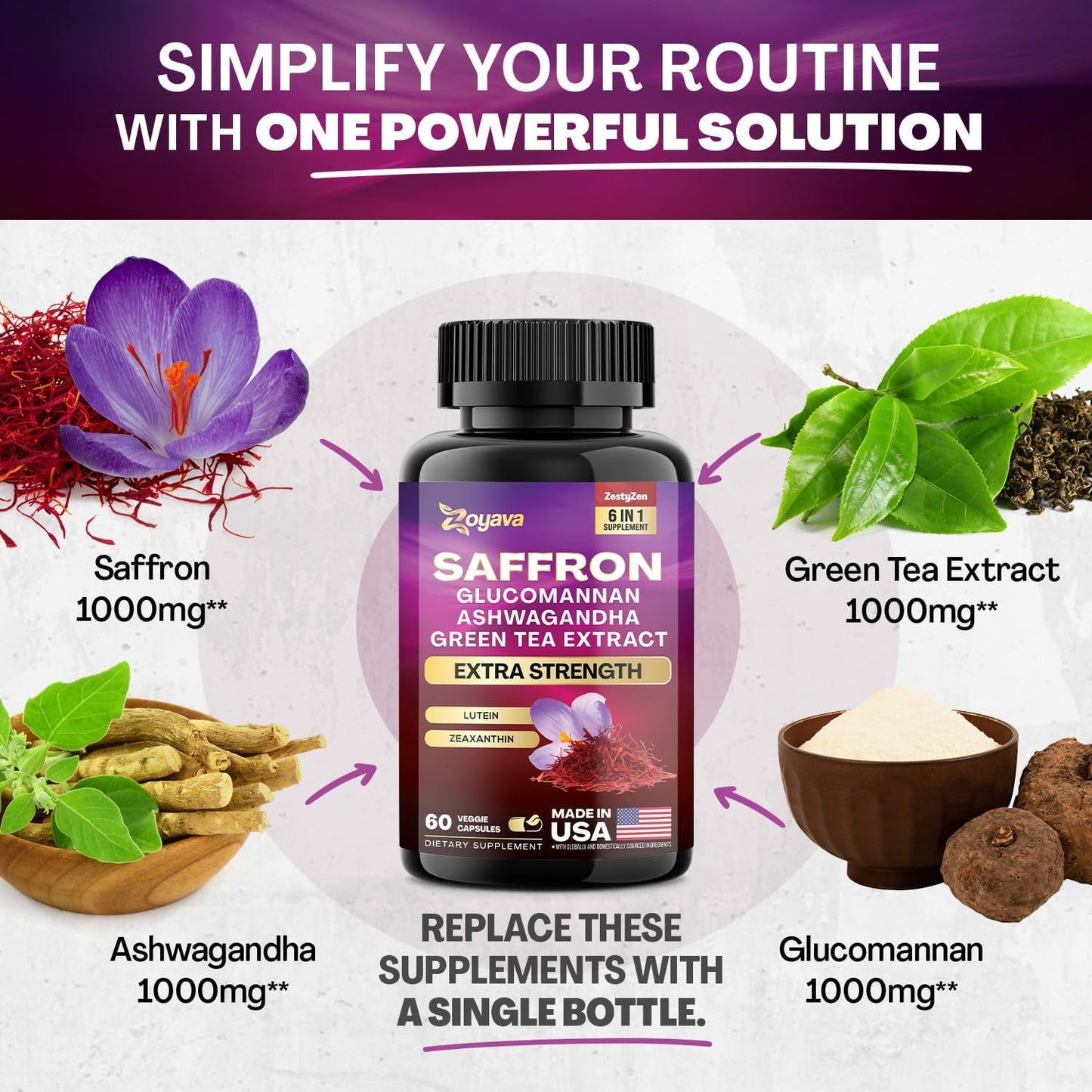 Saffron Supplements 1000Mg Glucomannan 1000Mg Ashwagandha 1000Mg Green Tea Extract 1000Mg Lutein & Zeaxanthin - Pure Saffron Extract Capsules - Mood & Vision Pills - 2 Month Supply