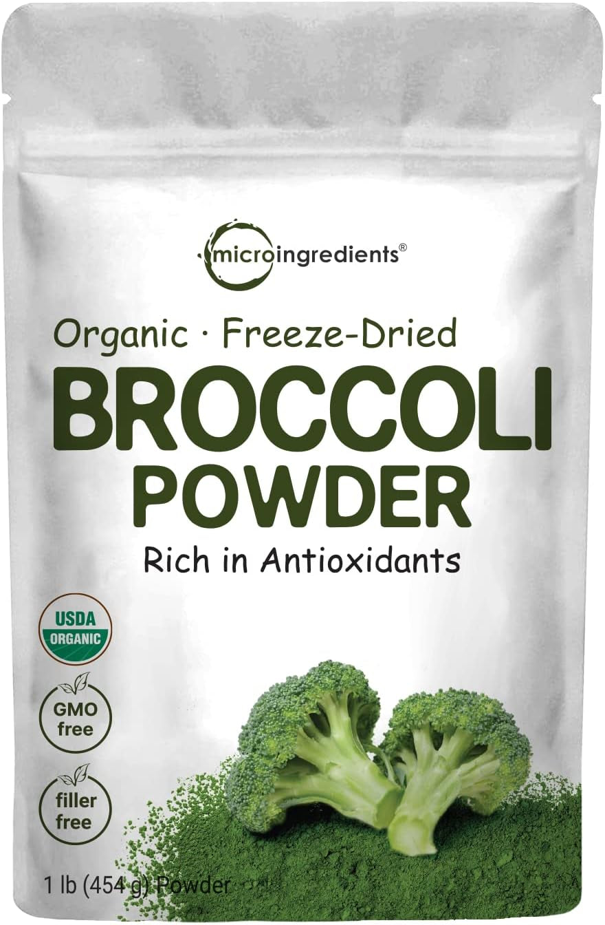 Organic Broccoli Powder, 1 Pound, Freeze Dried, Contains Natural DIM (Diindolylmethane), and Rich in Fiber and Immune Vitamin C, Green Superfood for Smoothie & Drinks, Vegan Friendly