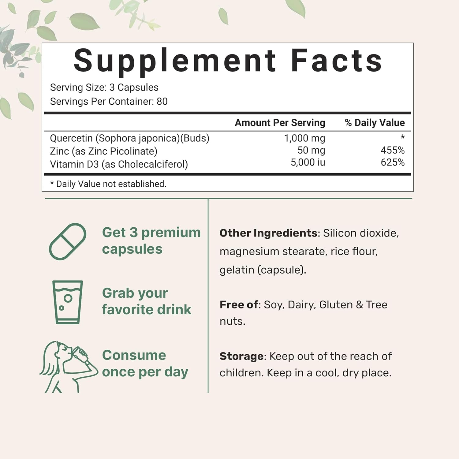 Quercetin Supplements with Zinc & Vitamin D3, 1,000Mg per Serving, 240 Capsules | 3 in 1 – Quercetin 1,000Mg, Zinc Picolinate 50Mg, & Vitamin D 5,000Iu | Immune Support | Non-Gmo