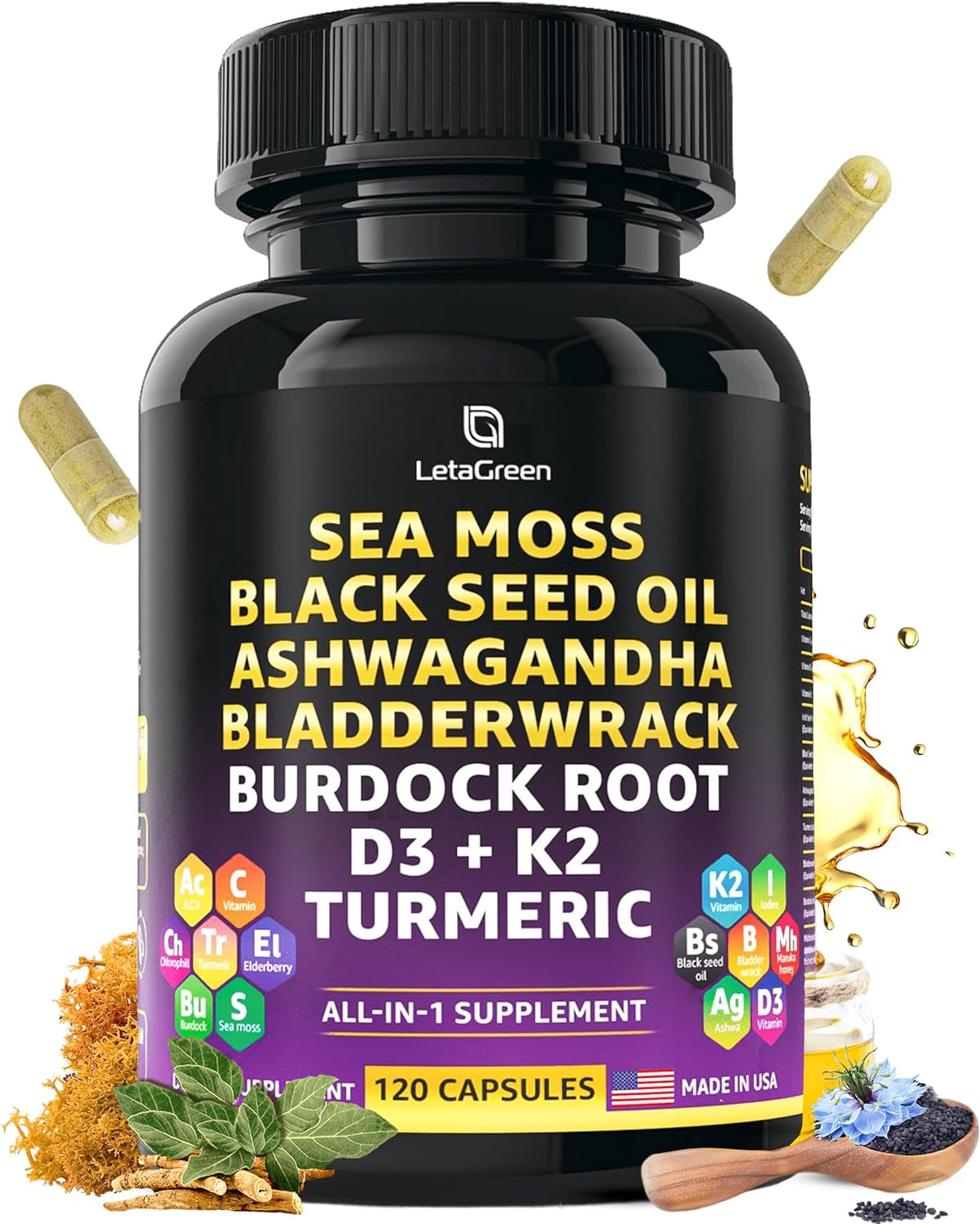 Sea Moss 3000Mg Black Seed Oil 2000Mg Ashwagandha 1000Mg Bladderwrack 1000Mg Burdock 1000Mg Turmeric 1000Mg & Vitamin C, D3, K2 with ACV Elderberry Manuka Dandelion Yellow Dock Iodine 120 Count