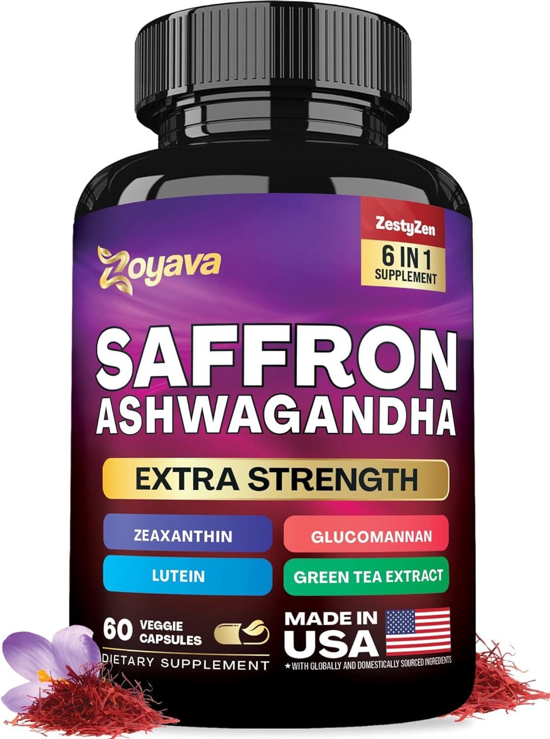 Saffron Supplements 1000Mg Glucomannan 1000Mg Ashwagandha 1000Mg Green Tea Extract 1000Mg Lutein & Zeaxanthin - Pure Saffron Extract Capsules - Mood & Vision Pills - 2 Month Supply