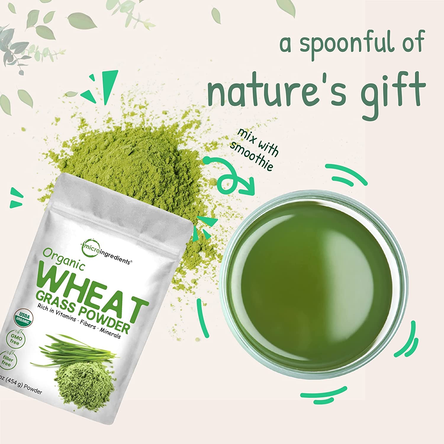 Sustainably US Grown, Organic Wheat Grass Powder (100% Whole-Leaf), 16 Ounce, Rich in Immune Vitamins, Fibers and Minerals, Support Digestion Function, Vegan Friendly