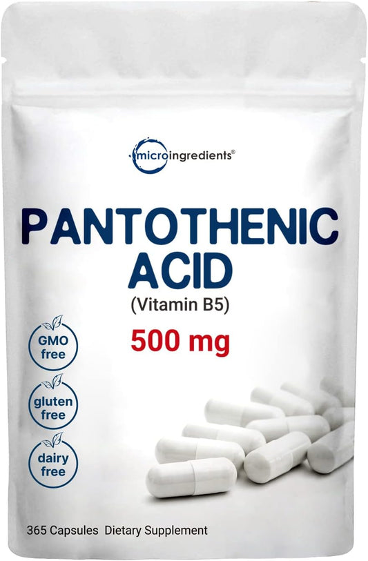 Pantothenic Acid Vitamin B5 Supplement, Vitamin B5 500Mg per Count, 365 Capsules (1 Year Supply), B-Complex Vitamin, Support Energy Production and Nervous System, Non-Gmo