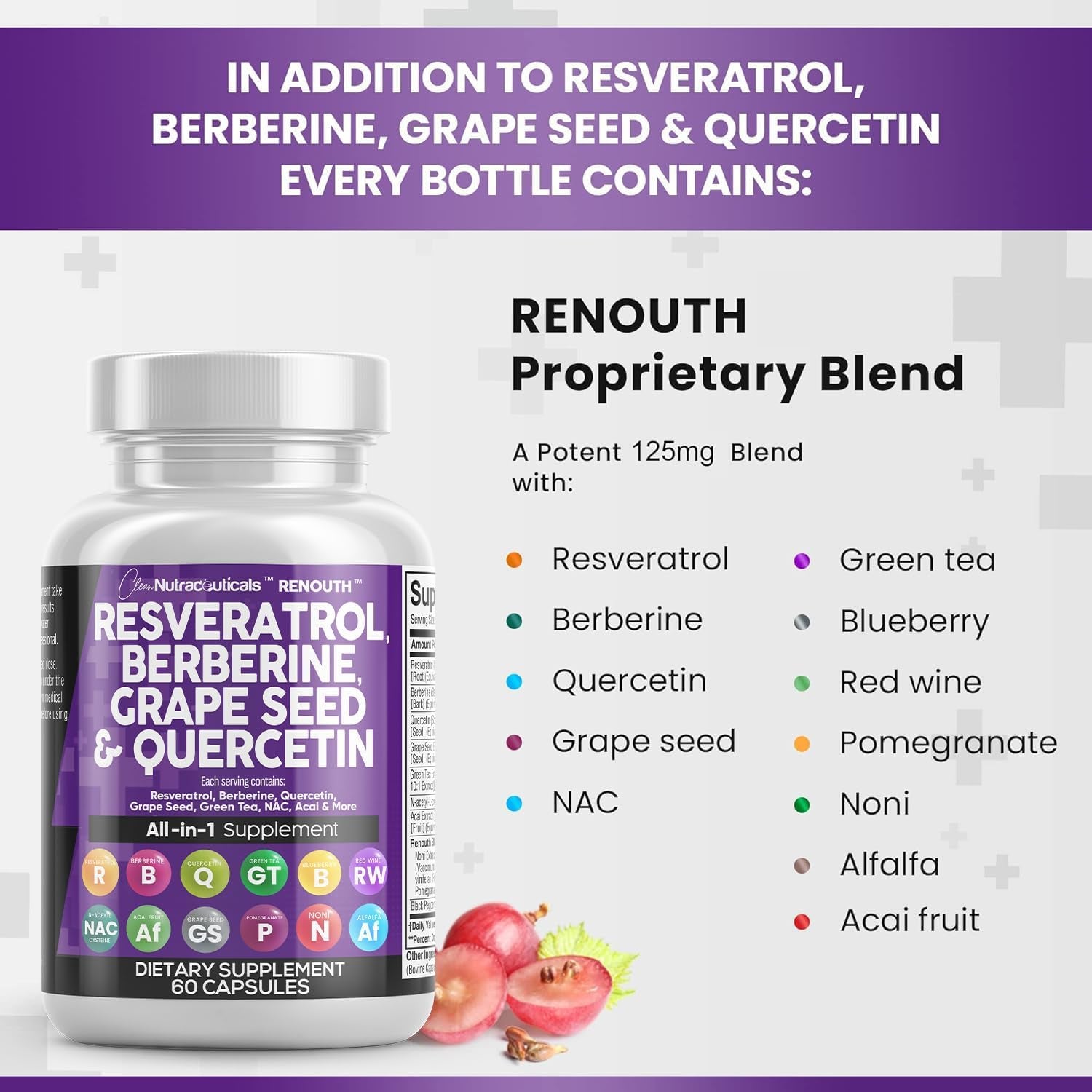 Resveratrol 6000Mg Berberine 3000Mg Grape Seed Extract 3000Mg Quercetin 4000Mg Green Tea Extract - Polyphenol Supplement for Women and Men with N-Acetyl Cysteine, Acai Extract - 60 Capsules