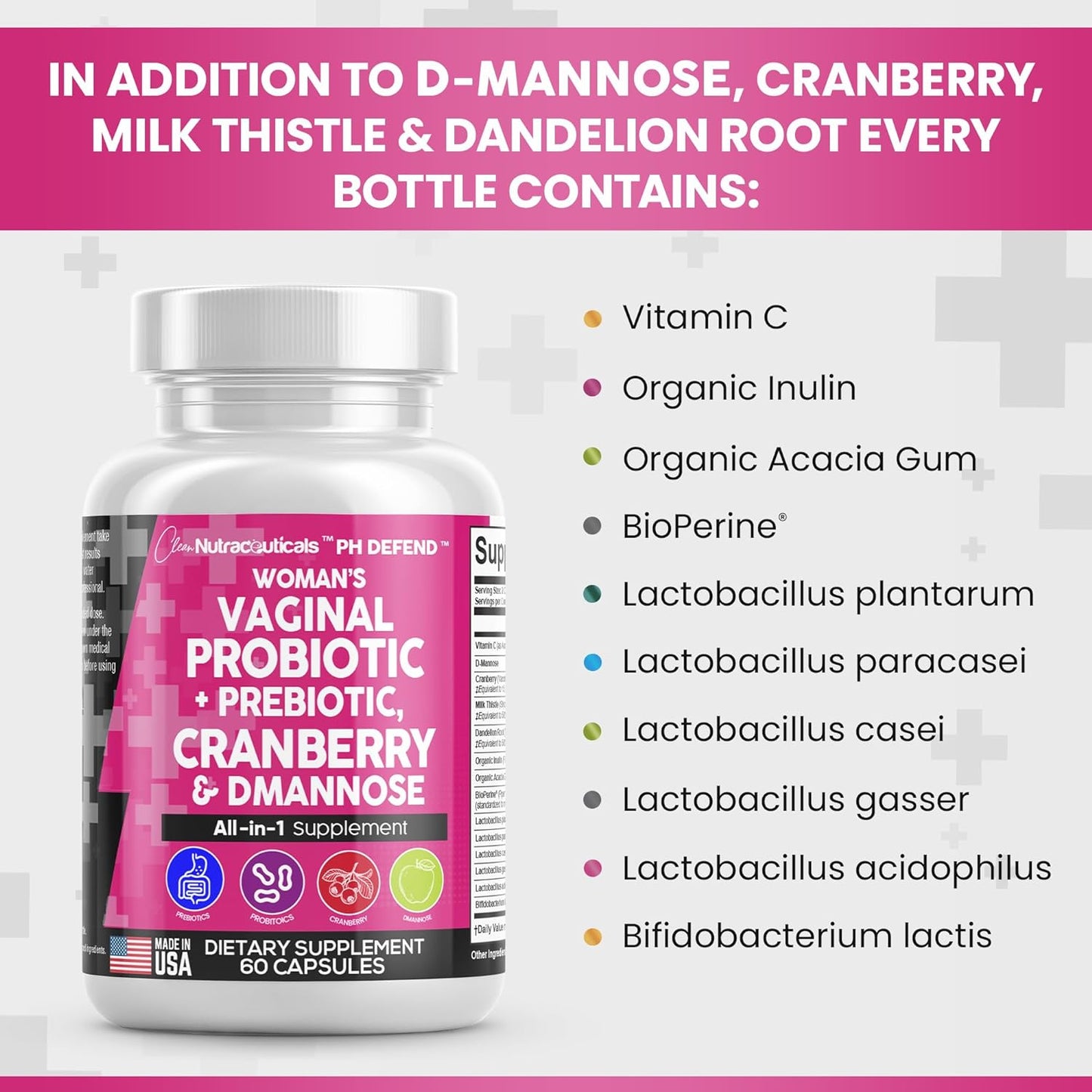 Vaginal Probiotics for Women + Prebiotics 20 Billion Cranberry Pills 30,000Mg W/D-Mannose 500 Mg for Urinary Tract Health Ph Balance - Womens Vitamins for Vaginal Health