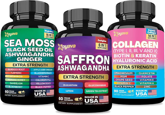 Sea Moss 16-In-1 and Collagen 14-In-1 + Saffron 6-In-1 Supplement Bundle - 30 Day Supply