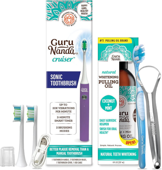 Cruiser Sonic Toothbrush (Lavender) with 2 Brush Heads, 1 Brush Cap, 1 USB Cable and Mickey D Oil Pulling with Coconut, 7 Essential Oils, Vitamins (8 Fl Oz) - Aids in Teeth & Gum Health