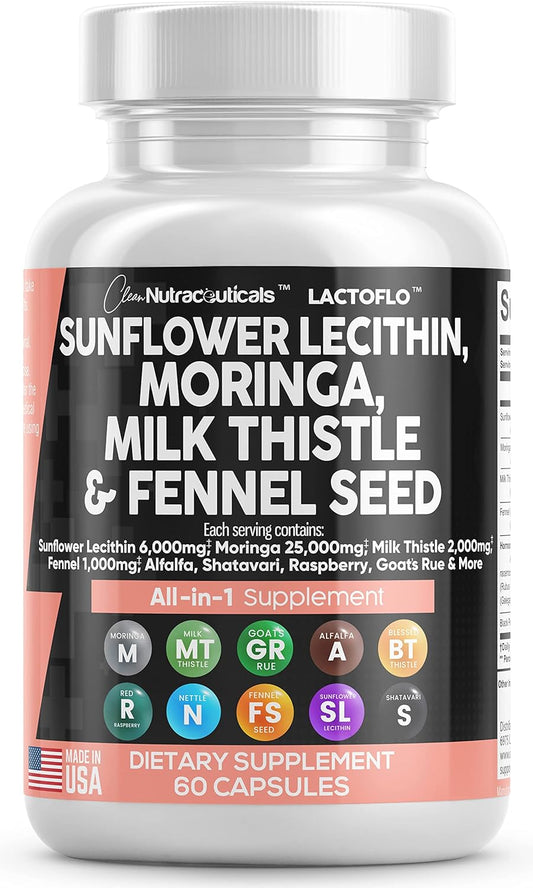 Sunflower Lecithin 6000Mg Lactation Supplement with Moringa 25000Mg Milk Thistle 2000Mg Fennel Seed 2000Mg plus Goats Rue, Shatavari, Alfalfa, & Nettle for Breastfeeding USA 60 Ct