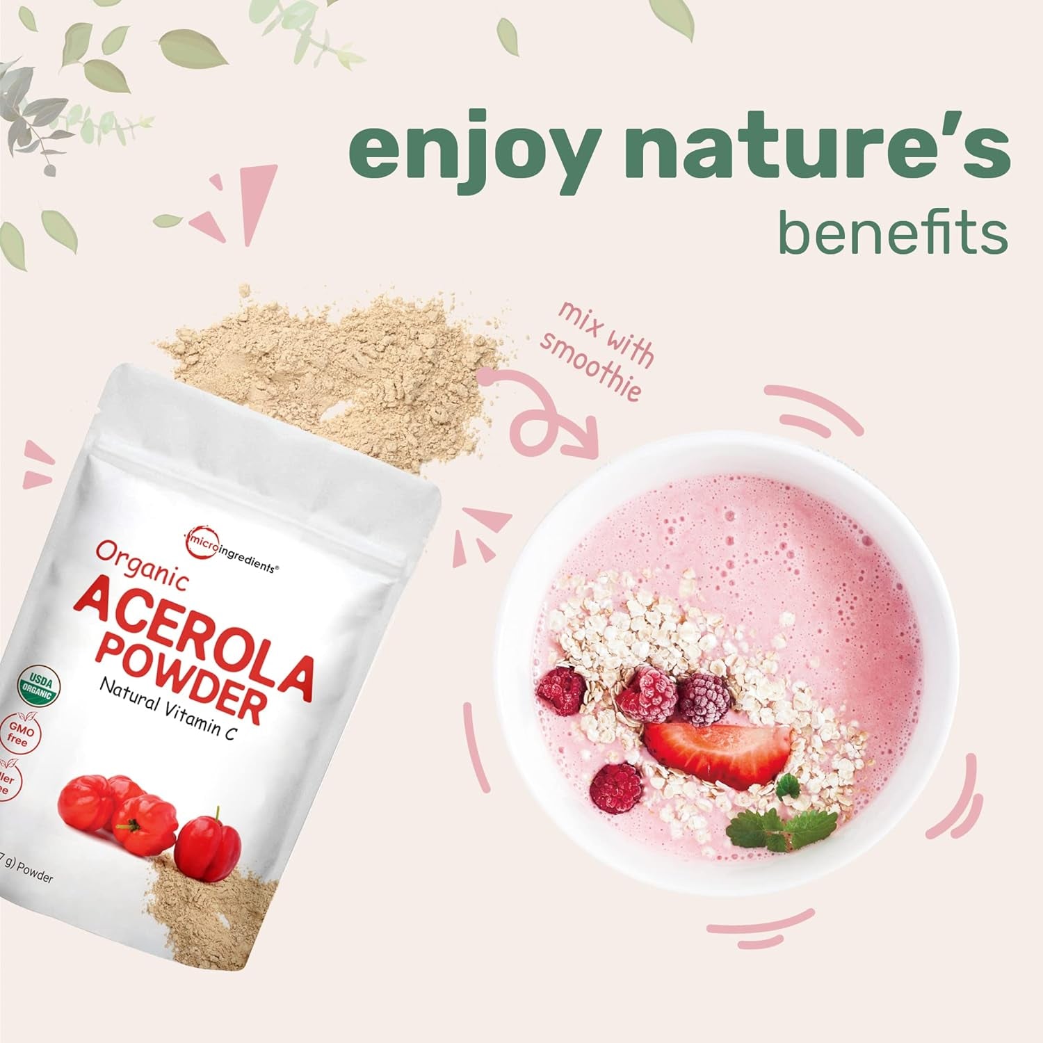 Organic Acerola Powder, 8Oz | Natural Organic Vitamin C Superfood | No Sugar & Additives | Great Flavor for Drinks, Smoothie, & Beverages | Non-Gmo & Vegan Friendly, Brazil Origin