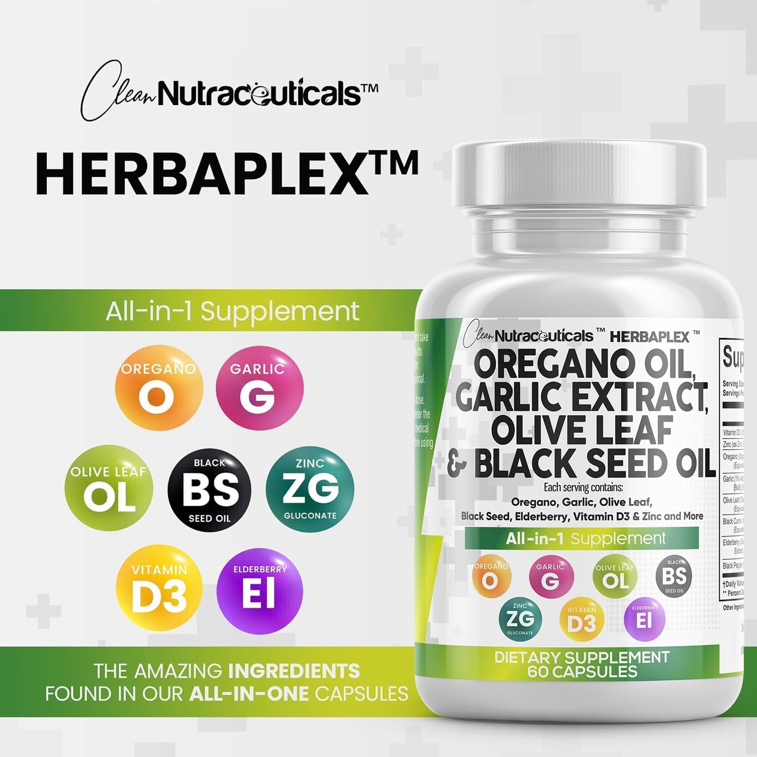 Oregano Oil 6000Mg Garlic Extract 4000Mg Olive Leaf 3000Mg Black Seed Oil 3000Mg - Immune Support & Digestive Health Supplement for Women and Men with Vitamin D3 and Zinc - 60 Caps