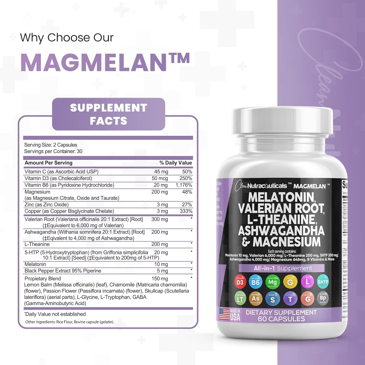 Melatonin 10Mg Valerian Root 6000Mg L Theanine 200Mg Ashwagandha 4000Mg - Sleep Support for Women & Men with Magnesium Complex, Lemon Balm, Chamomile, & Passion Flower - 60 Caps