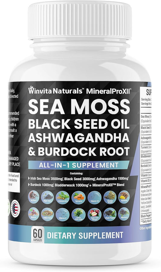 Sea Moss 3500Mg Black Seed Oil 3000Mg Ashwagandha 1500Mg Turmeric 1000Mg Bladderwrack 1000Mg Burdock 1000Mg, Vitamin C & D3 with ACV Chlorophyll Elderberry Manuka Dandelion Yellow Dock Vegan Caps USA