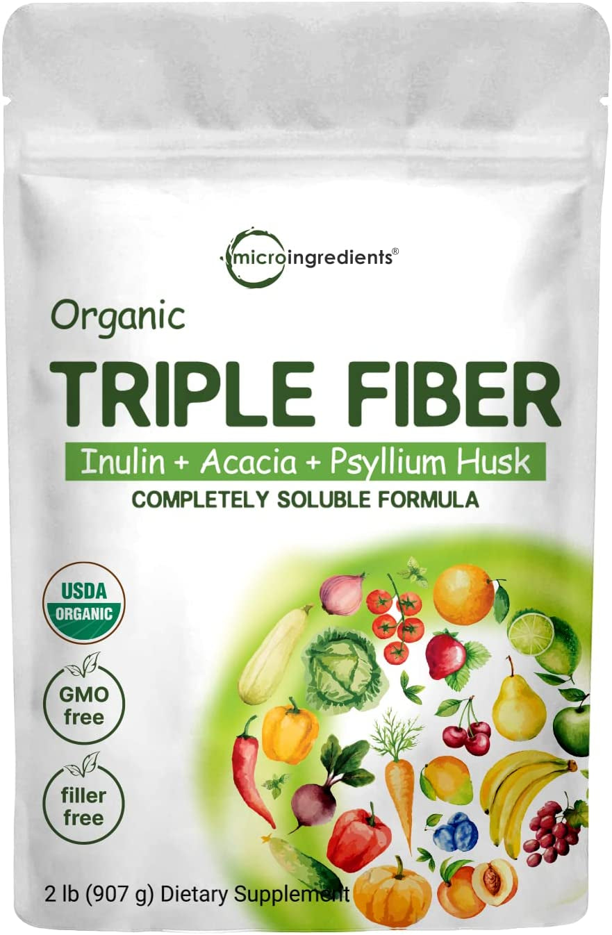 Organic Soluble Prebiotics Fiber Supplement (Inulin, Acacia, Psyllium Husk), 2 Pounds, 3 in 1 Fiber Formula, Daily Fiber, Unflavored, for Digestive Health, Hunger Control, Vegan