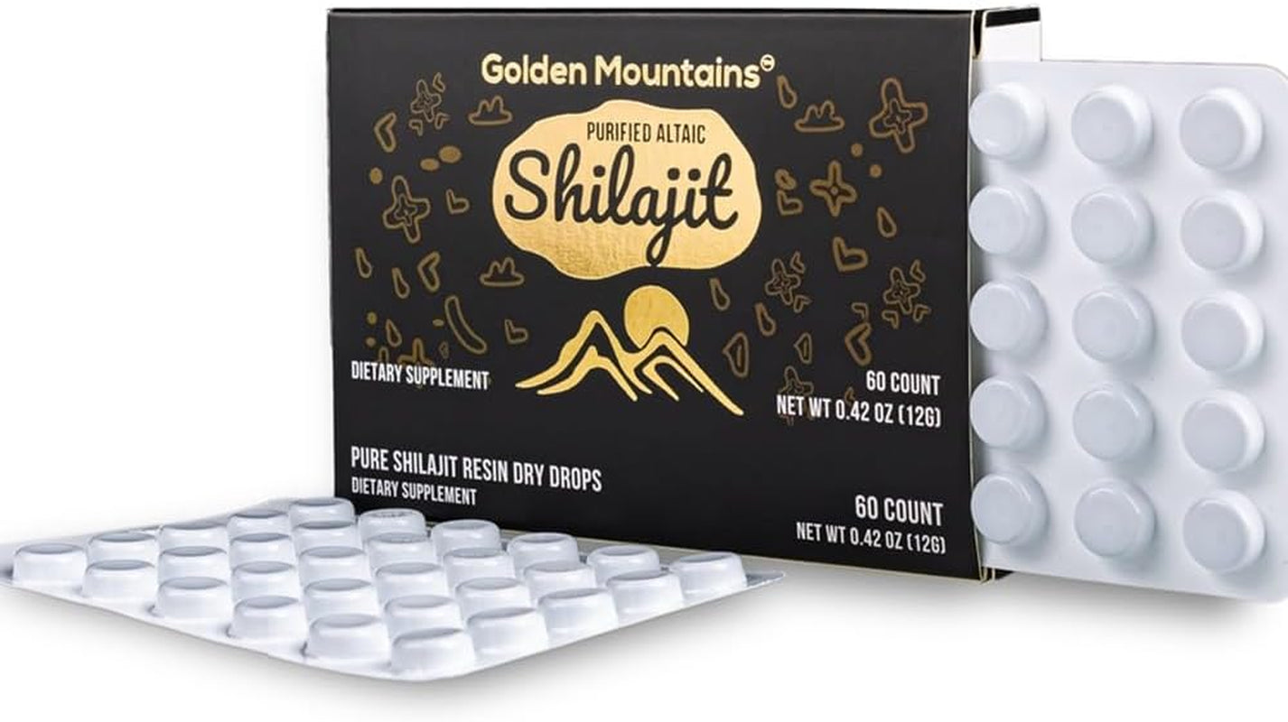 Premium Pure Shilajit Dry Drops Altai Golden Mountains - 60 Count (200 Mg) Authentic Safety & Quality Certificate - US Lab Tested Fulvic Acid