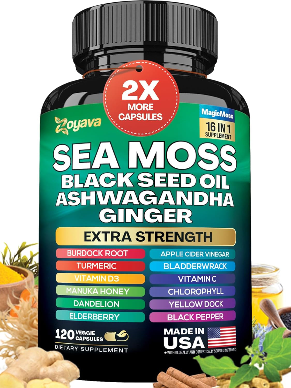 Sea Moss Black Seed Oil Ashwagandha Turmeric Bladderwrack Burdock & Ginger Vitamin C Vitamin D3 with Elderberry Manuka Dandelion Yellow Dock 120 Caps