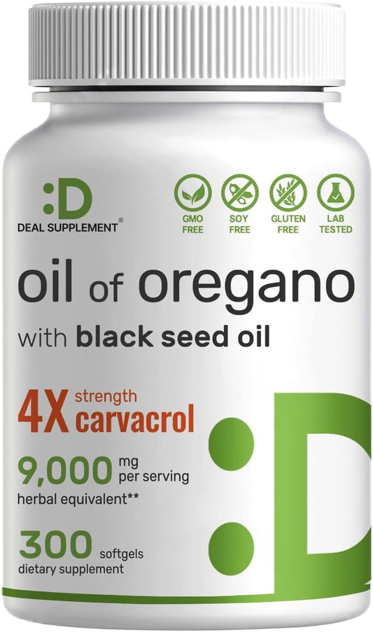 Oil of Oregano Softgels with Black Seed Oil, 9,000Mg per Serving, 300 Count – 30:1 Extract, Active Carvacrol & Thymoquinone – Antioxidant Immune Health Support – Plant Based, Gmo-Free