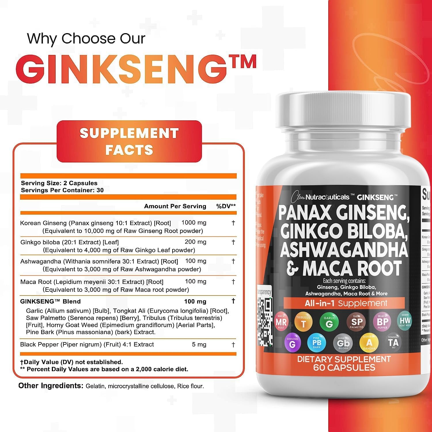 Panax Ginseng 10000Mg Ginkgo Biloba 4000Mg Ashwagandha Maca Root 3000Mg - Focus Supplement Pills for Women and Men with Pine Bark Extract, Garlic, and Saw Palmetto - 60 Caps