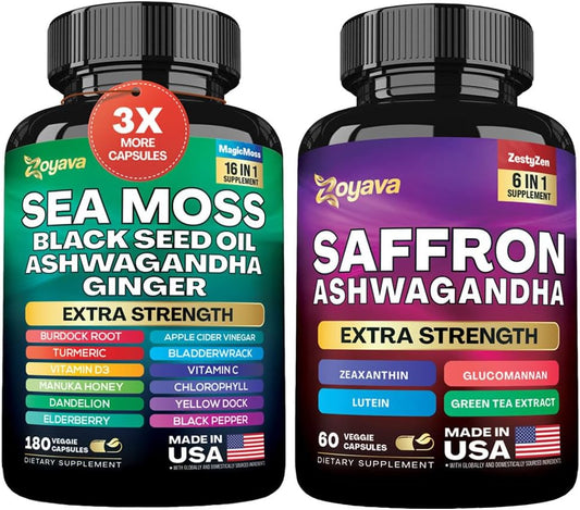 Sea Moss 16-In-1 (180 Caps) and Saffron 6-In-1 (60 Caps) - Wellness Synergy Bundle