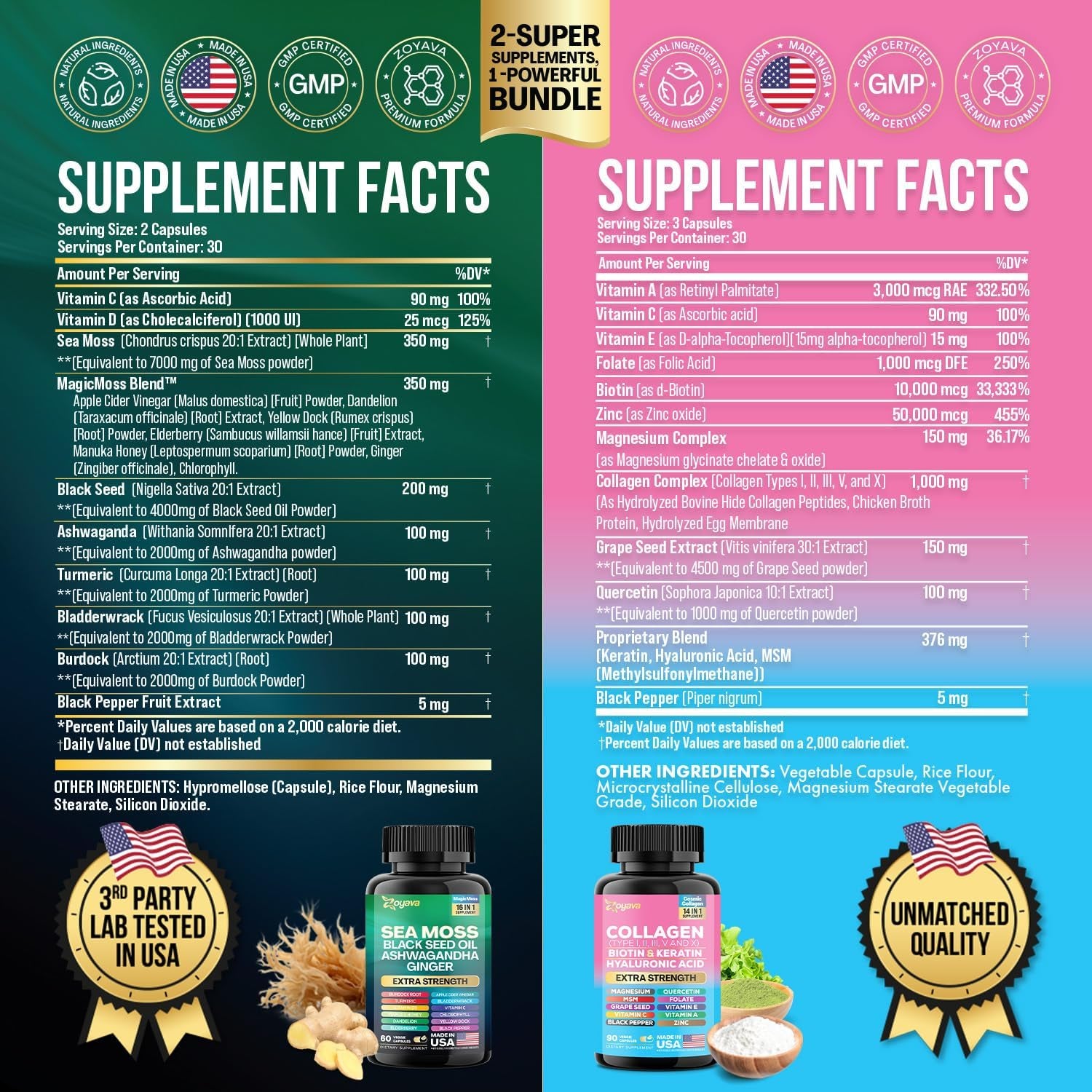 Sea Moss 16-In-1 and Collagen 14-In-1 + Lutein 6-In-1 Supplement Bundle - 30 Day Supply