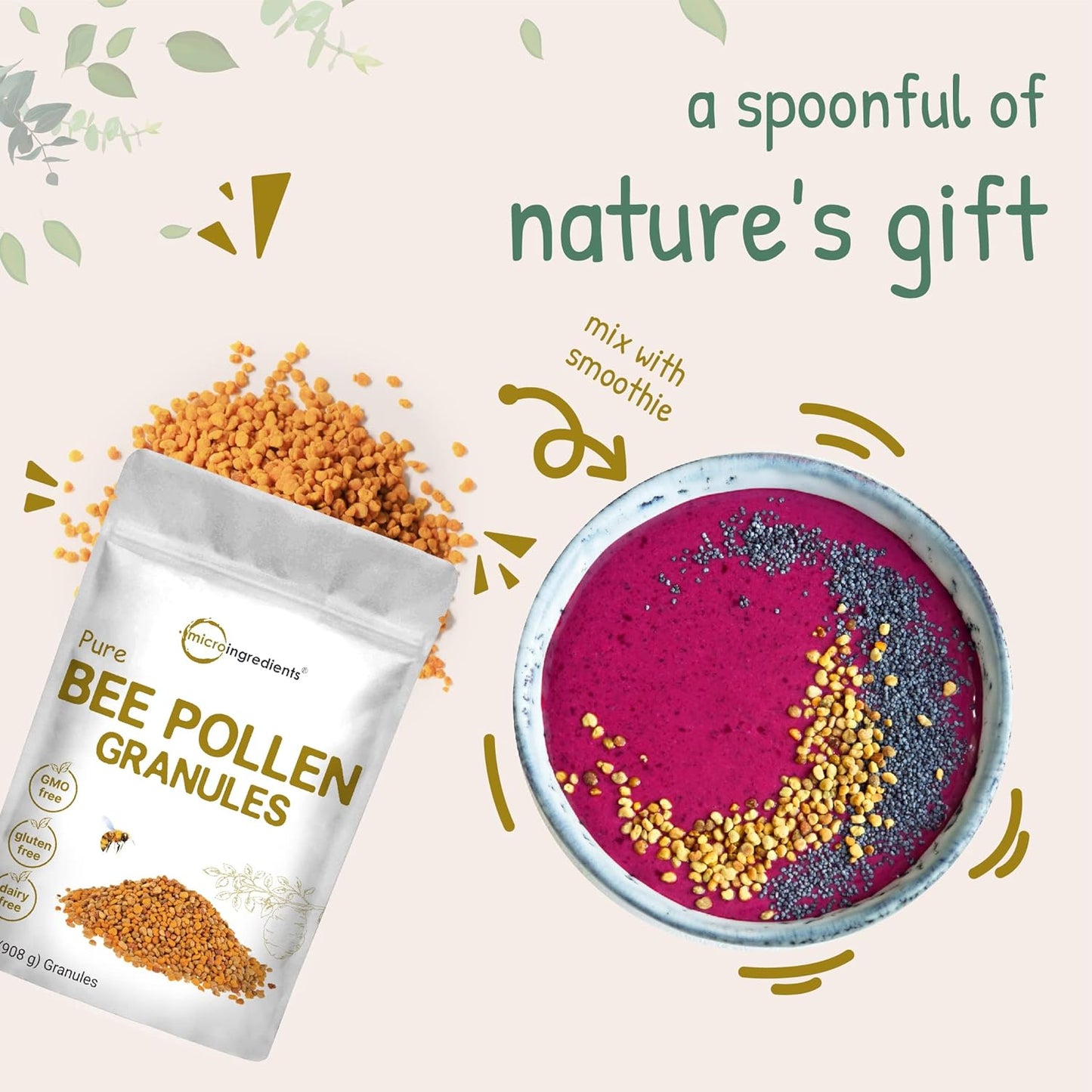 Pure Bee Pollen Granules, 2Lbs | Fresh Harvest, Natural Superfood, Raw Sweet Flavor | Rich in B Vitamins, Minerals, Protein, & Antioxidants | Keto, Non-Gmo