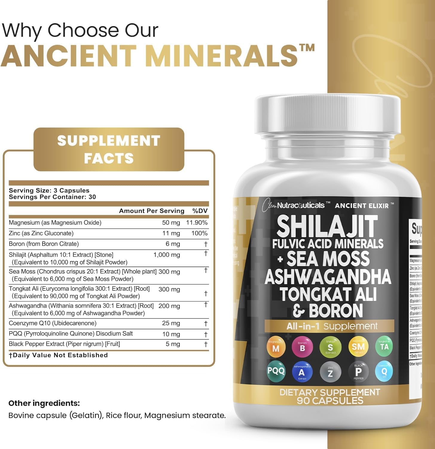 Shilajit Supplement 10,000Mg with Sea Moss 6000Mg, Ashwagandha 6000Mg, Tongkat Ali, Boron, Magnesium - Fulvic Acid Capsules for Men - 90 Count