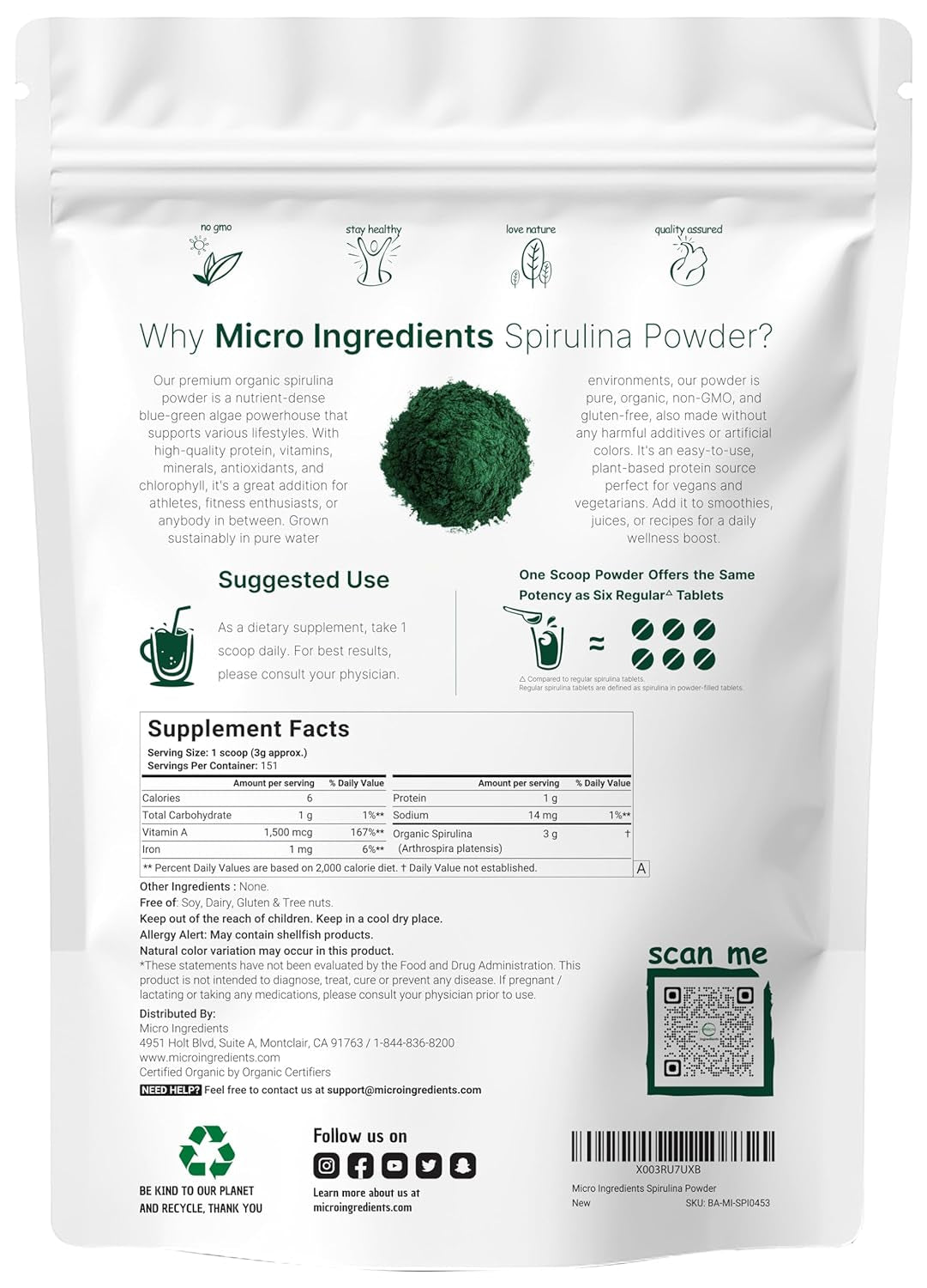 Organic Spirulina Powder, 16 Ounce, Raw Spirulina (Arthrospira Platensis), the Richest Sources of 70% Vegan Protein, Containers Minerals, Vitamins, Non-Gmo & Non-Irradiation