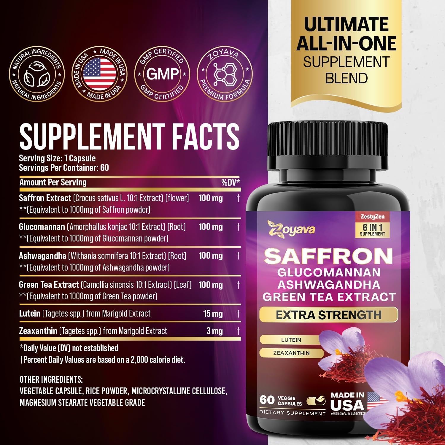 Saffron Supplements 1000Mg Glucomannan 1000Mg Ashwagandha 1000Mg Green Tea Extract 1000Mg Lutein & Zeaxanthin - Pure Saffron Extract Capsules - Mood & Vision Pills - 2 Month Supply