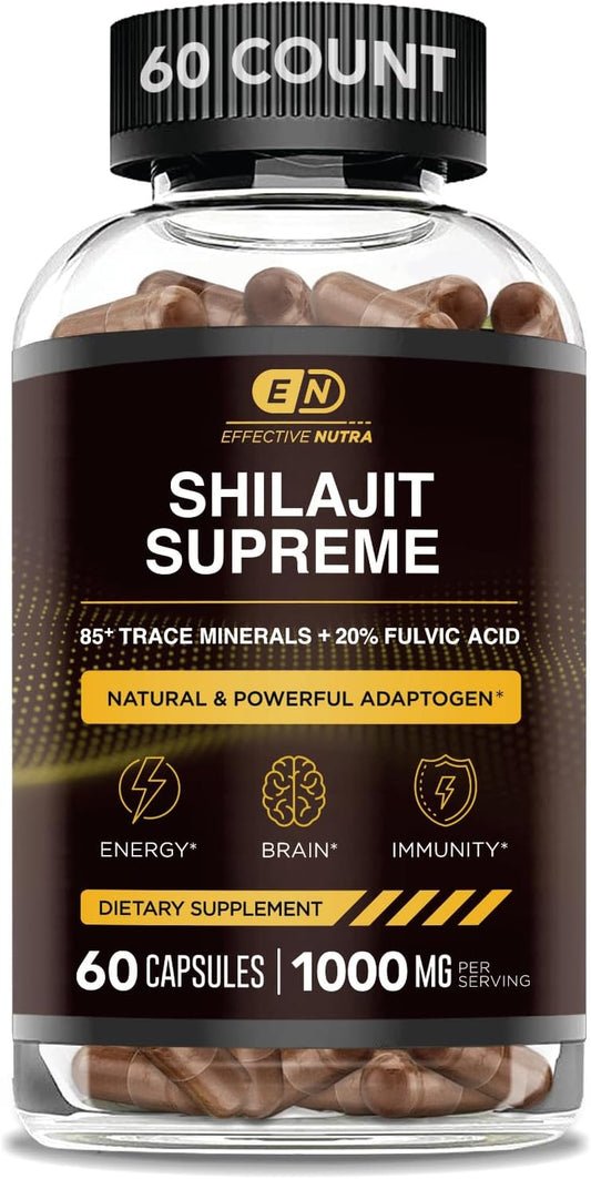 Shilajit Capsules Pure Himalayan 1000Mg - Premium Shilajit Supplement for Men & Women - High in Trace Minerals & Fulvic Acid - Energy, Brain Health, Immunity (60 Count)