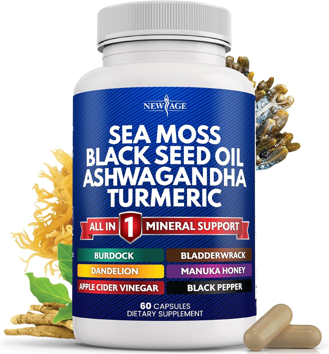 Sea Moss 3000Mg Black Seed Oil 2000Mg Ashwagandha 1000Mg Turmeric 1000Mg Bladderwrack 1000Mg Burdock 1000Mg- with Manuka, Honey Dandelion, ACV Black Pepper Gluten Free
