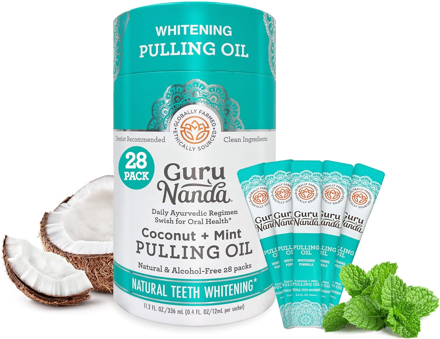 Oil Pulling Travel Sachets (Pack of 28) - 100% Pure Blend of Coconut & 7 Essential Oils with Vitamins - Supports Fresh Breath & Oral Health