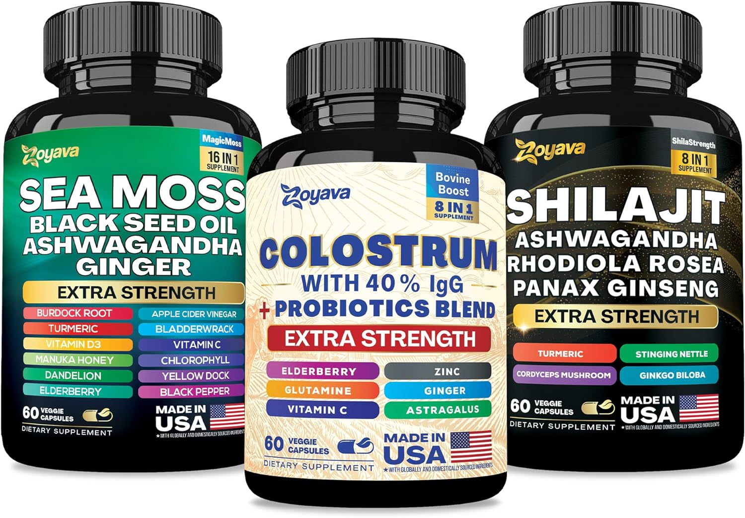 Sea Moss 16-In-1 and Shilajit 8-In-1 + Colostrum 8-In-1 Supplement Bundle